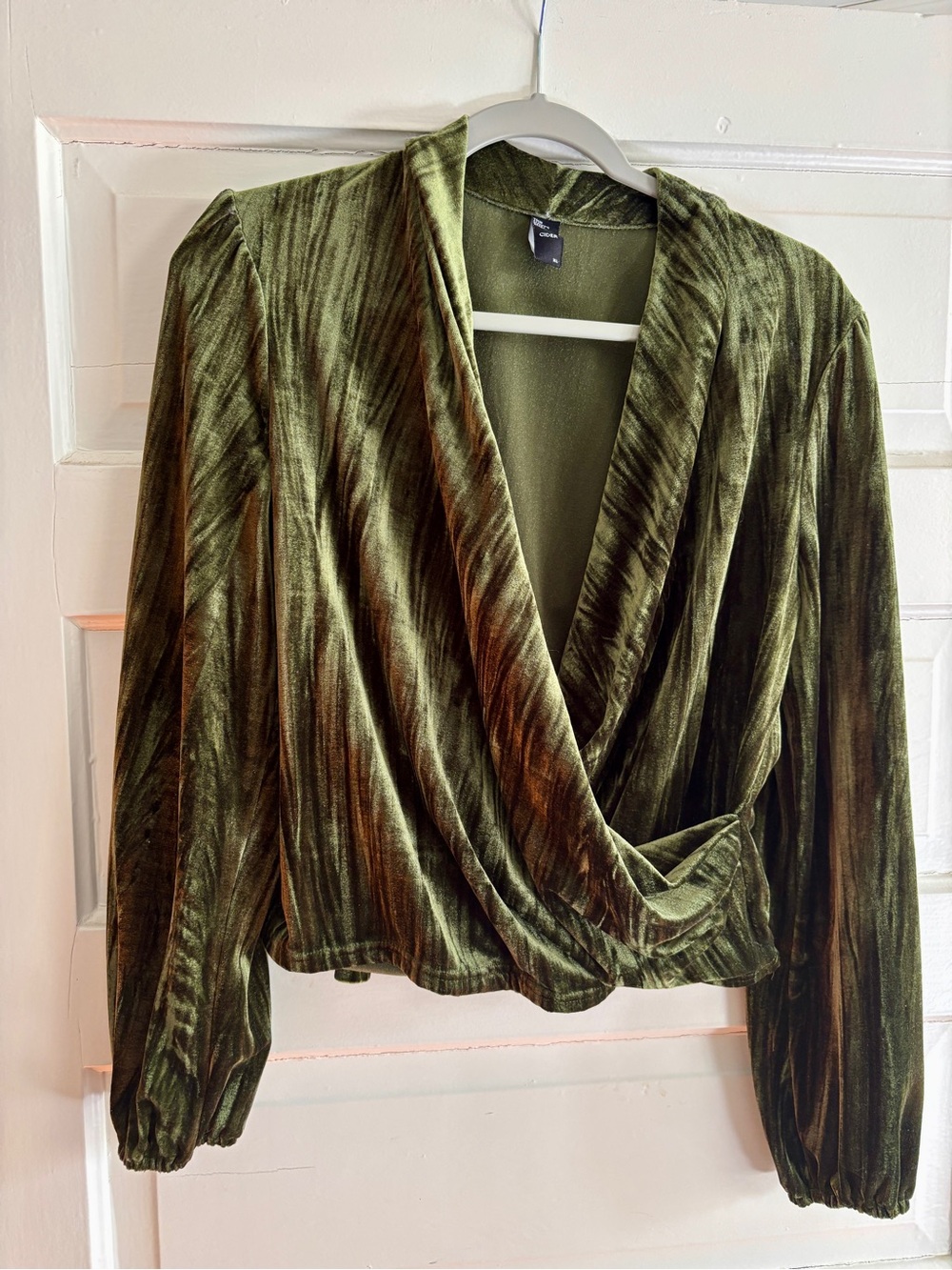 Cider Olive Green Velvet Wrap Top XL | Long Sleeve Draped Blouse